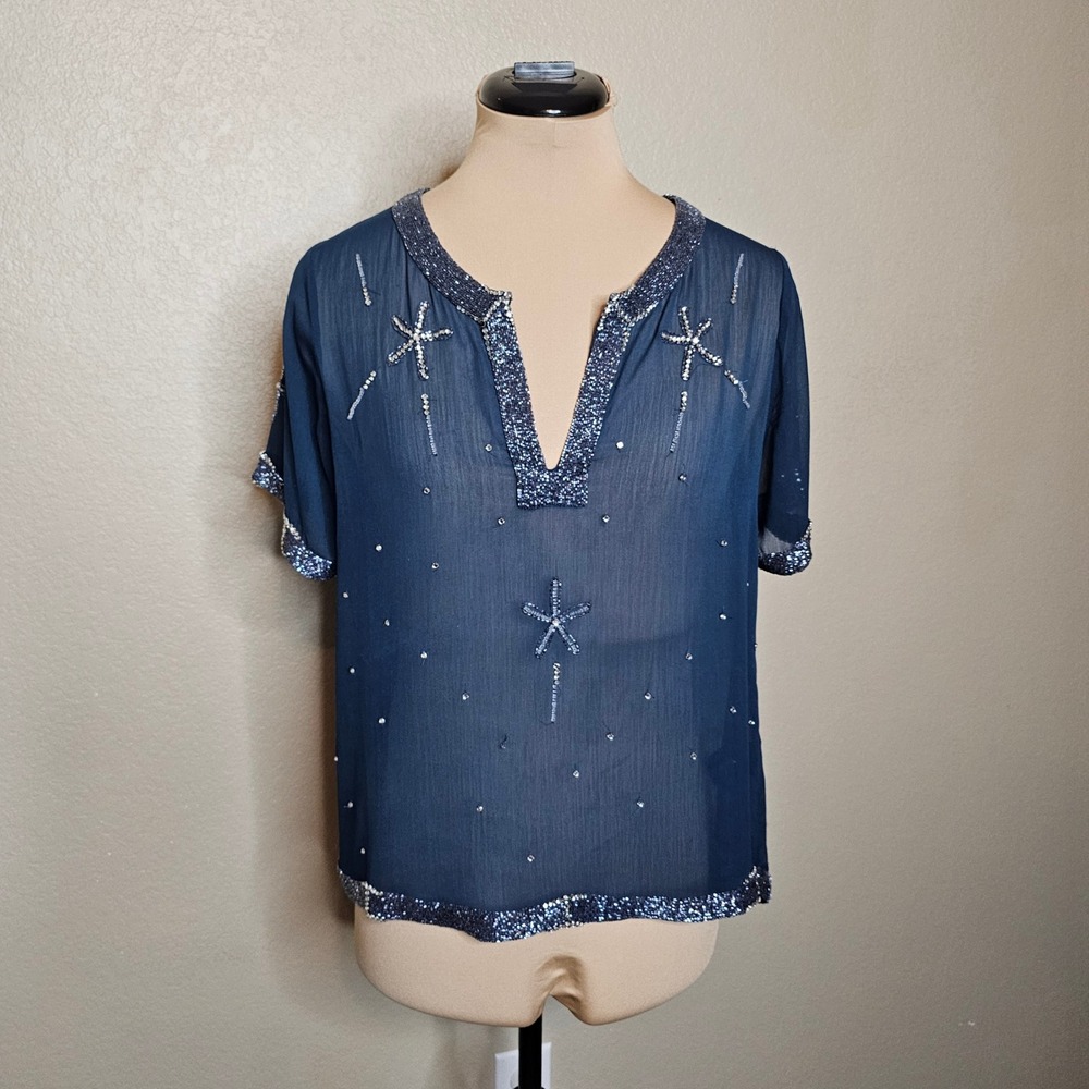 Carnation Lily Rose Anthropologie Beaded Blouse Navy Blue Sheer Small